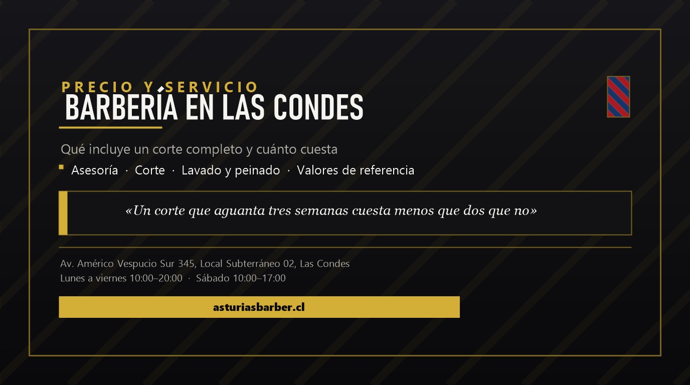 Cliente revisando con su barbero lo que incluye un corte completo en una barbería de Las Condes, con la carta de servicios a la vista.