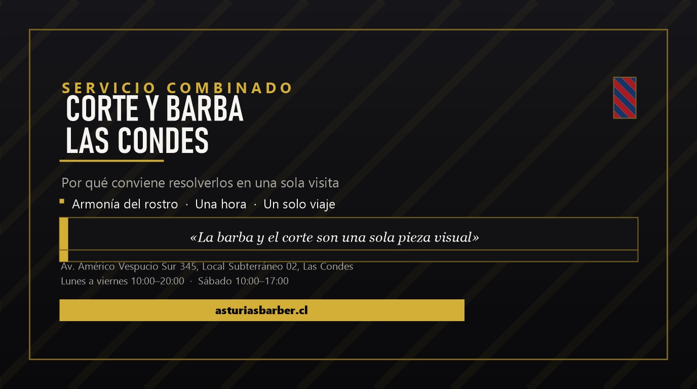 Barbero perfilando la barba de un cliente con navaja después de cortarle el cabello, en una barbería de Las Condes.